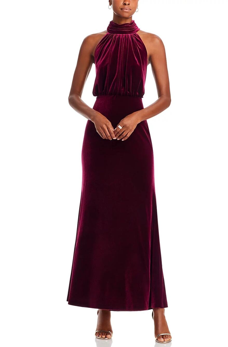 Eliza J Burgundy Evening Gown Velvet Sleeveless Halter Column Dress Size 10